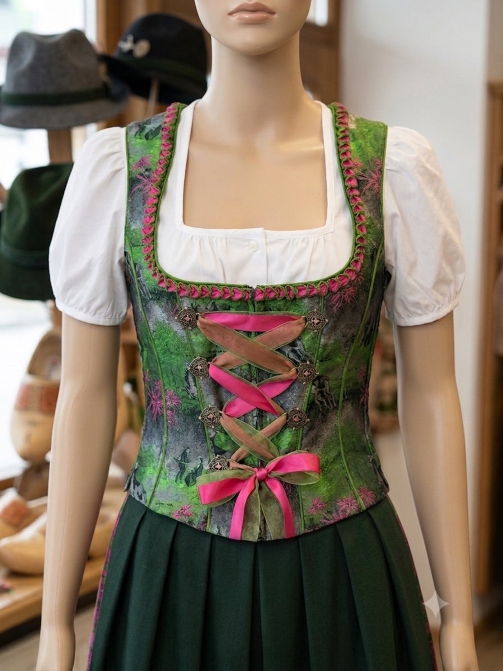 Vintage Country Line Floral Dirndl Style Corset Top - Alpine German Folk Vest